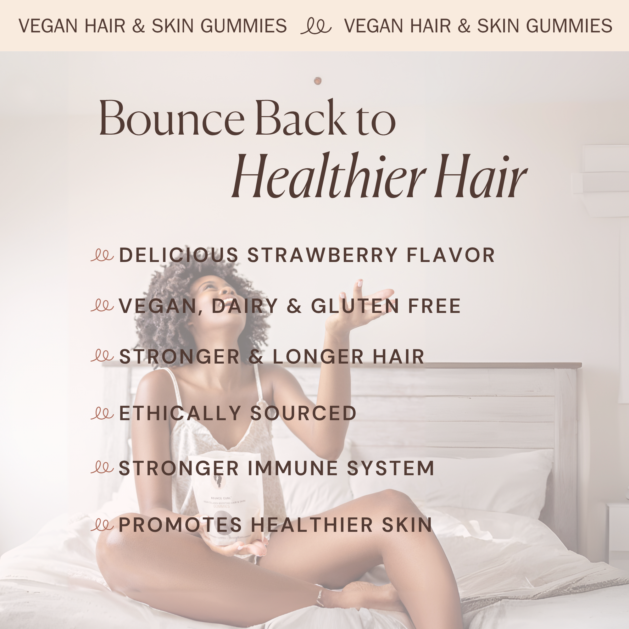 Bounce Curl Vegan Collagen Boosting Hair & Skin Gummies with strawberry flavor