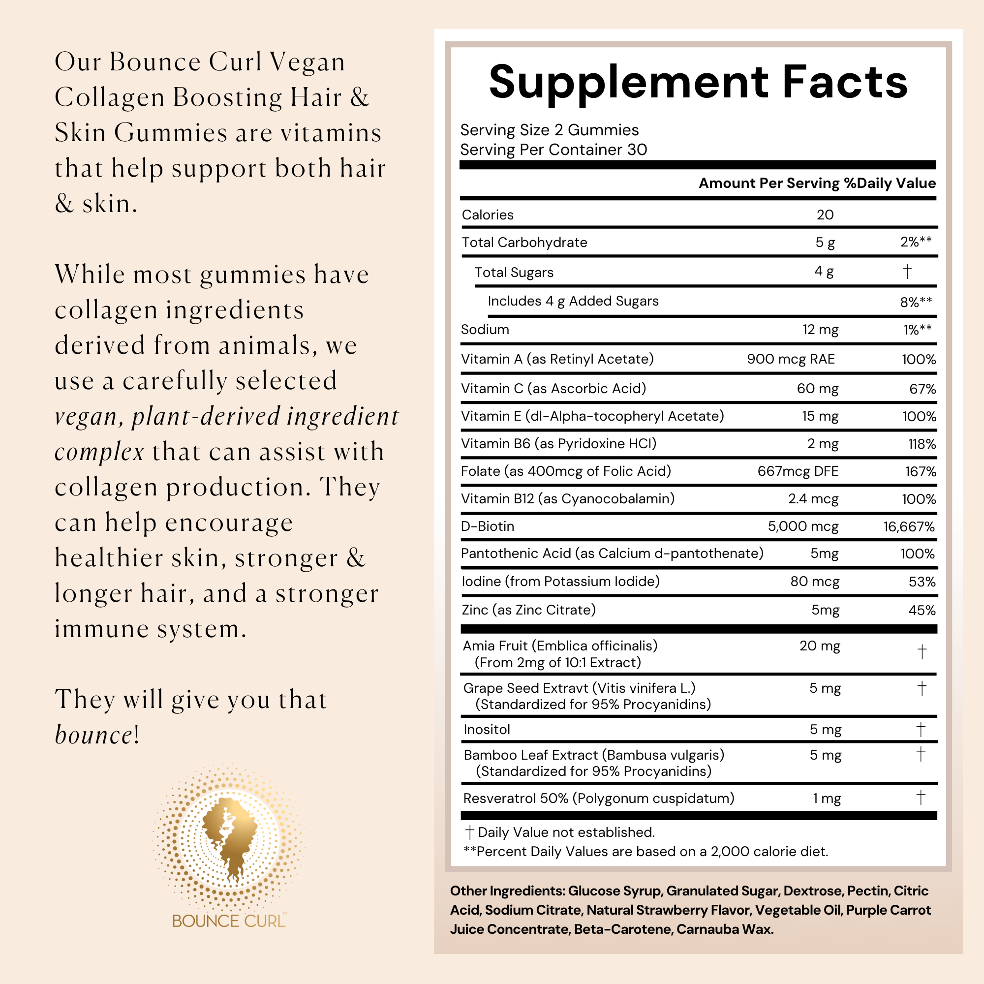Bounce Curl Vegan Collagen Boosting Hair & Skin Gummies Supplement Facts