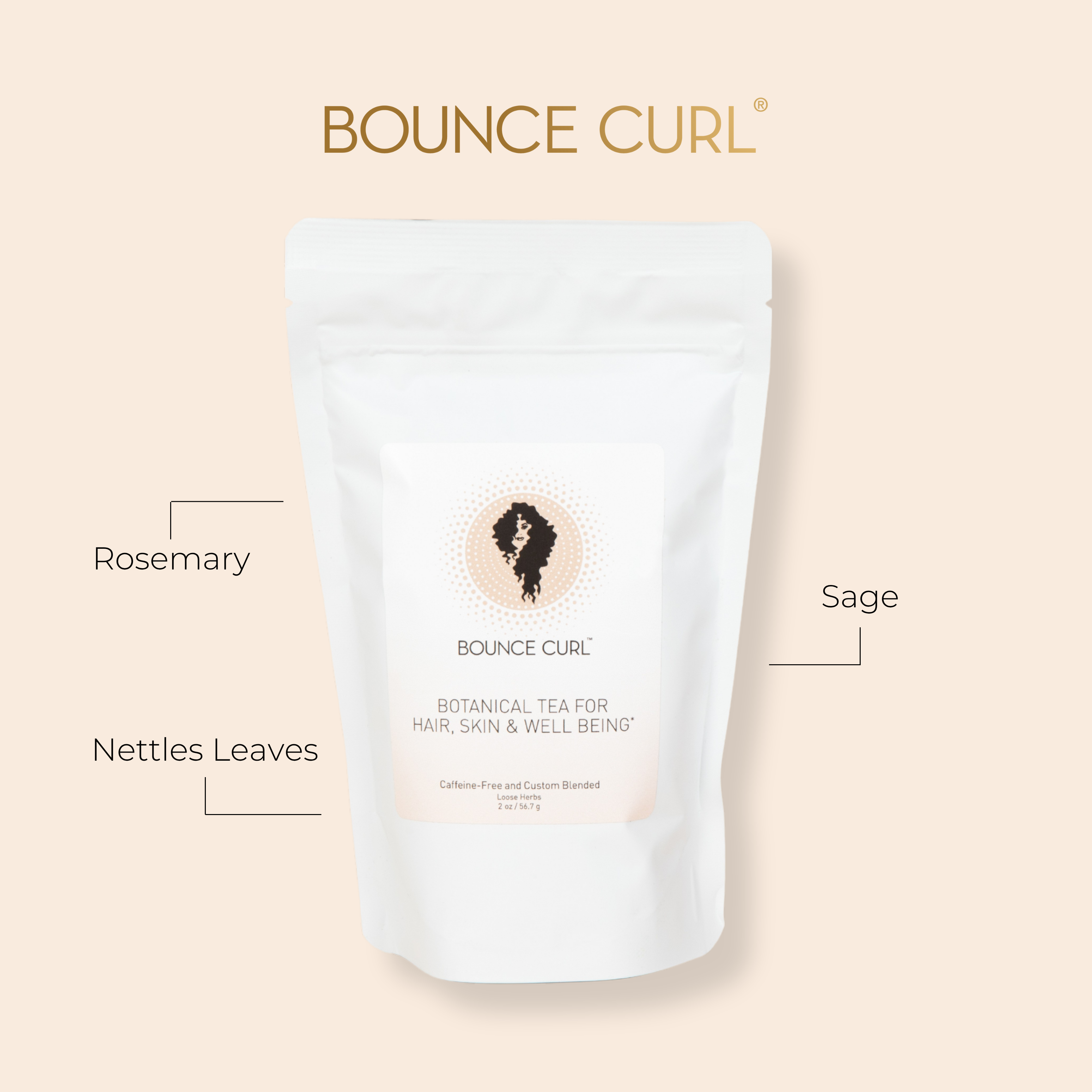 Bounce Curl Botanical Tea for Hair, Skin & Well Being contains Rosemary, Sage and Nettles Leaves