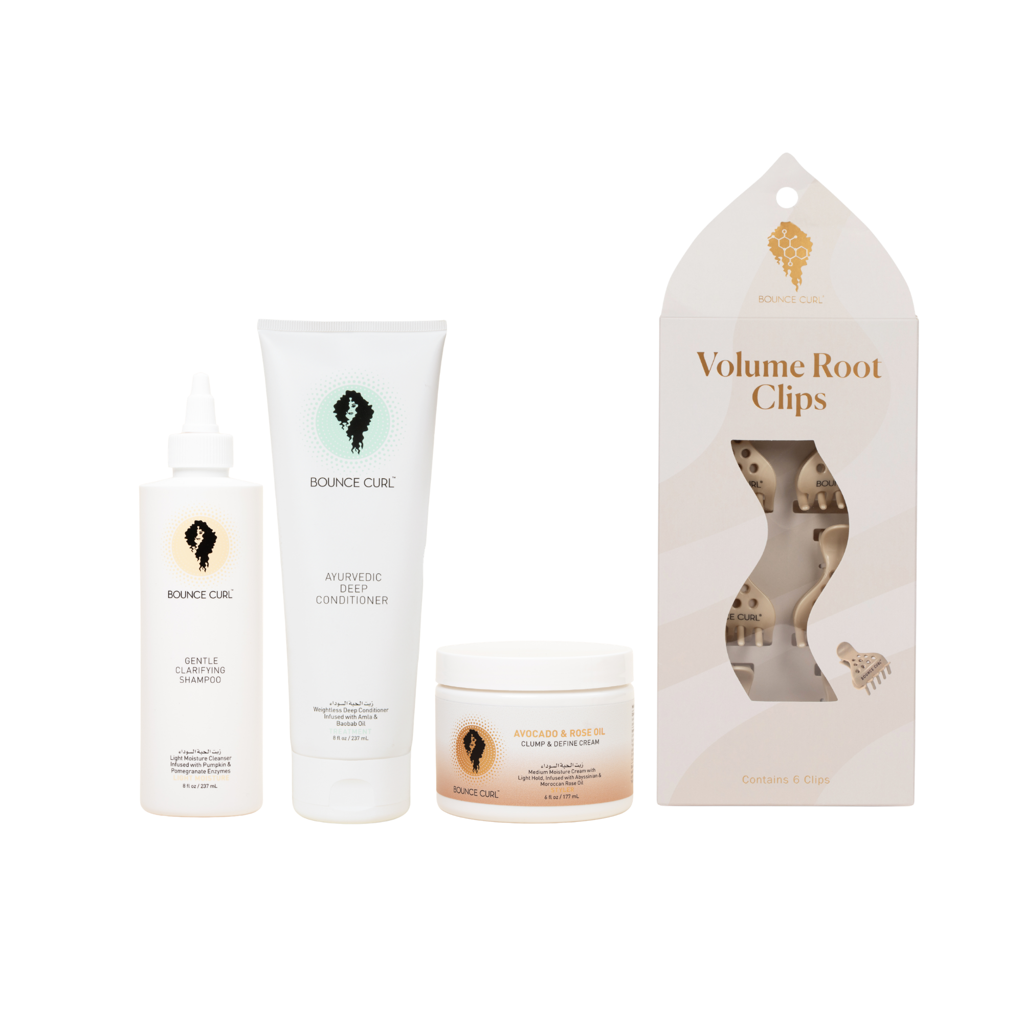 Set of hair care products including bottles and a jar with packaging on a white background