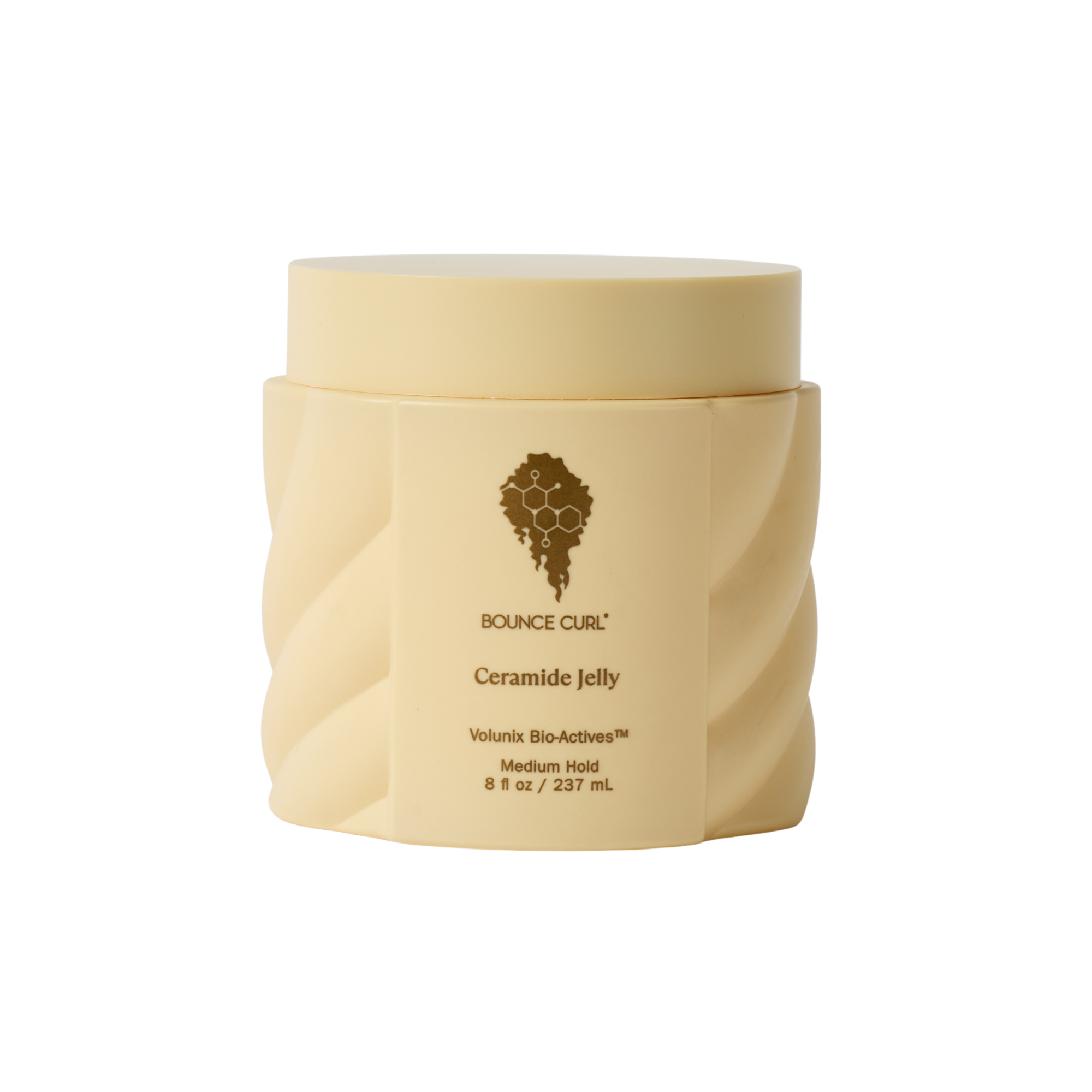 Beige jar of Bounce Curl Ceramide Jelly on a white background