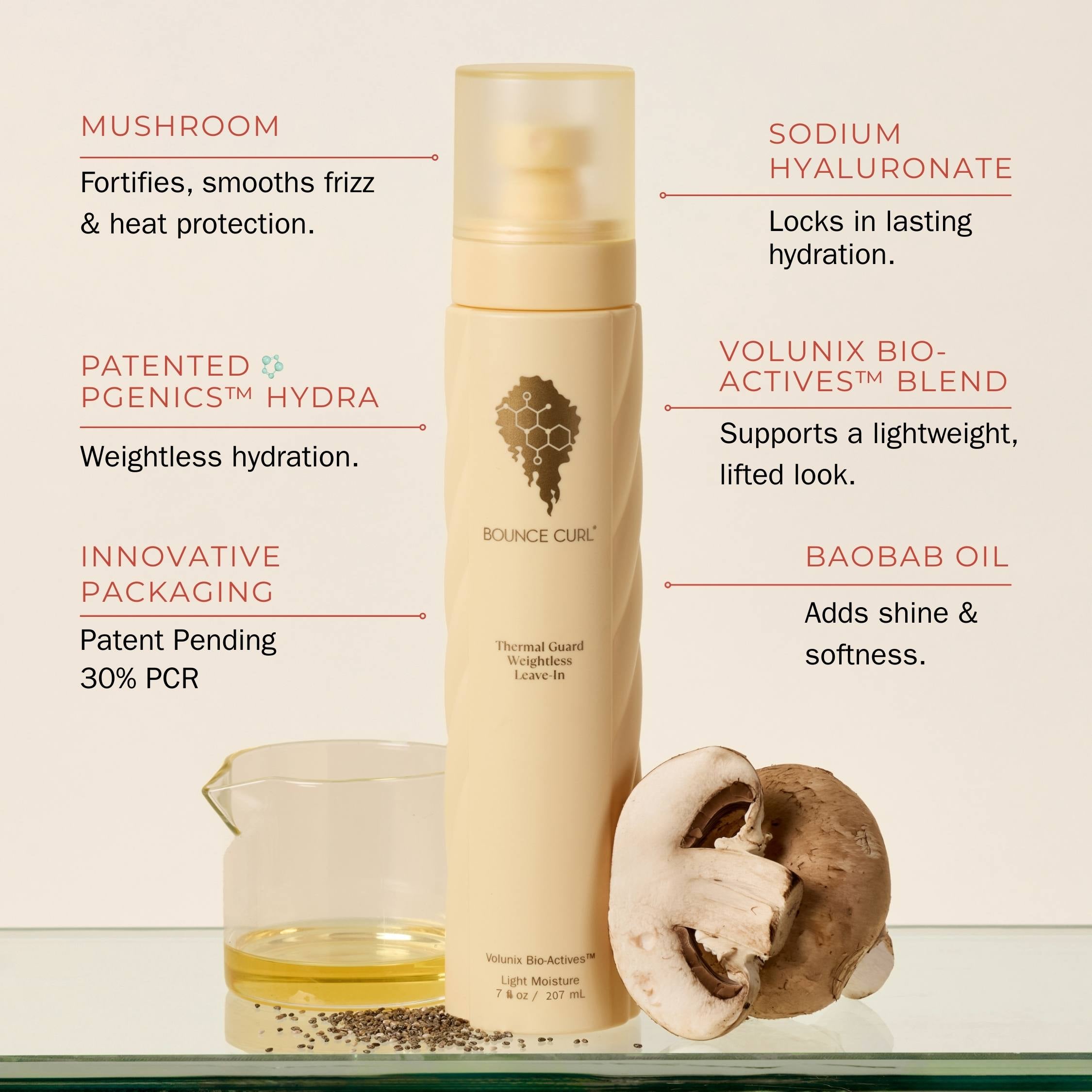 Haircare bottle with ingredients listed on a beige background