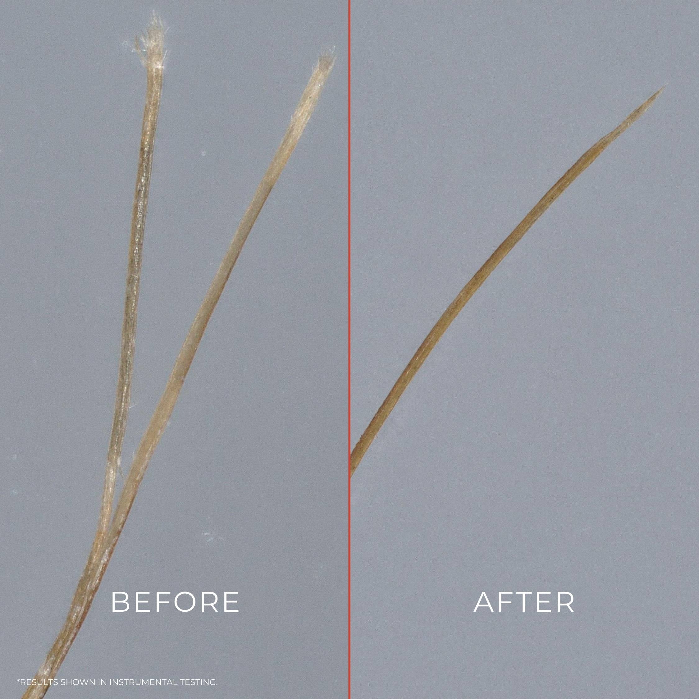 Comparison of a hair strand labeled 'Before' and 'After' on a gray background.