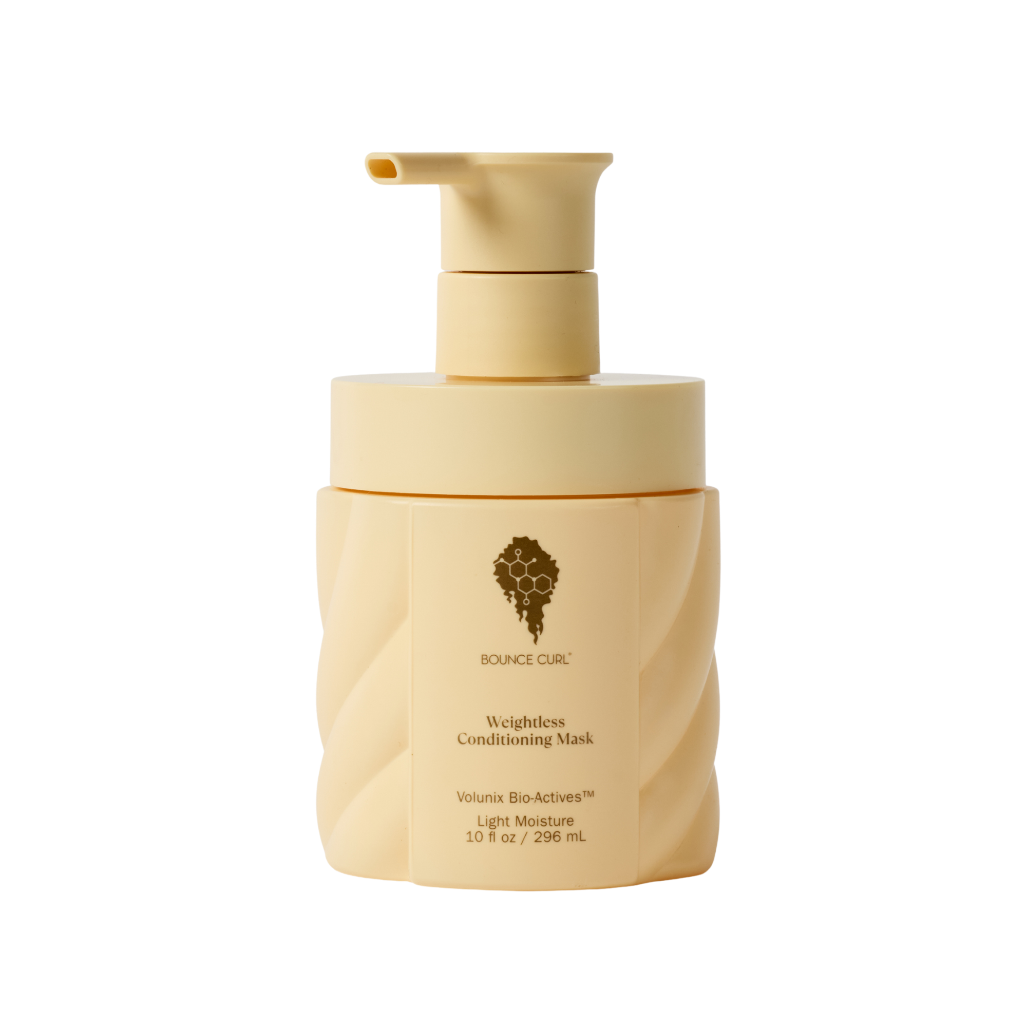 Beige bottle of 'Bounce Curl' weightless conditioning mask on a white background