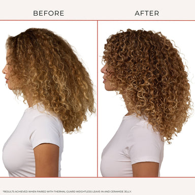 Before and after comparison of a woman's hair with curly locks, showing a positive transformation.
