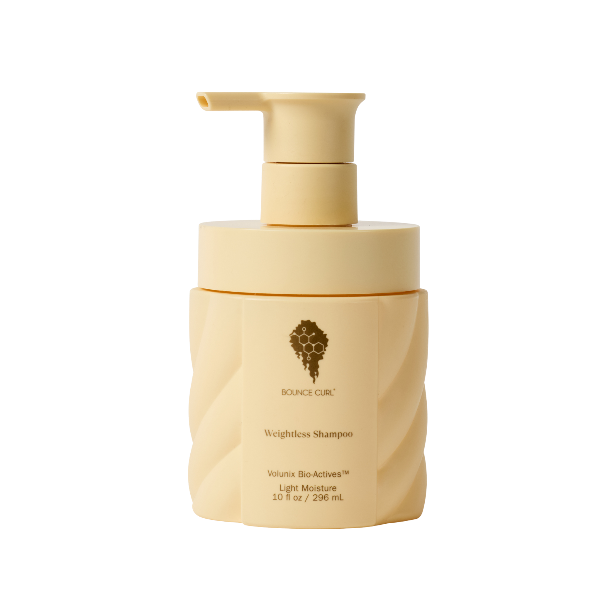 Beige shampoo bottle with pump on a white background