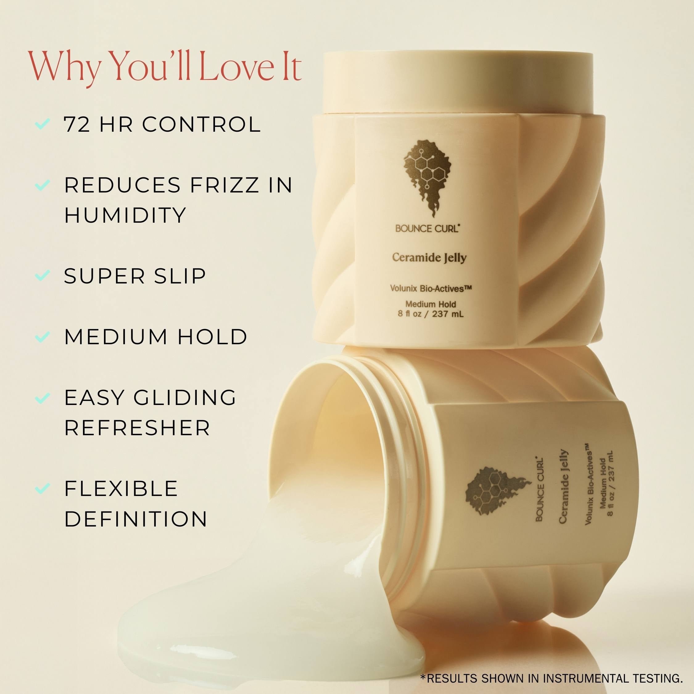 Two bottles of Bounce Curl hair product with features listed on a beige background