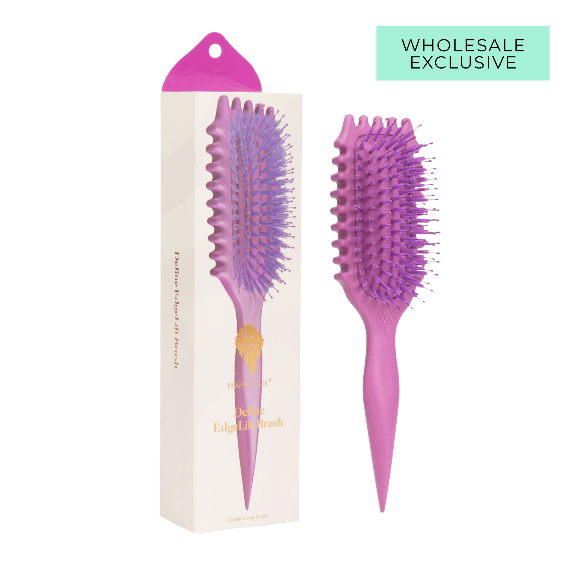 Purple hairbrush with packaging on a green background, labeled 'Wholesale Exclusive'.