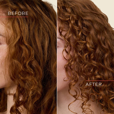Before and after comparison of curly hair with 'Before' on the left and 'After' on the right.