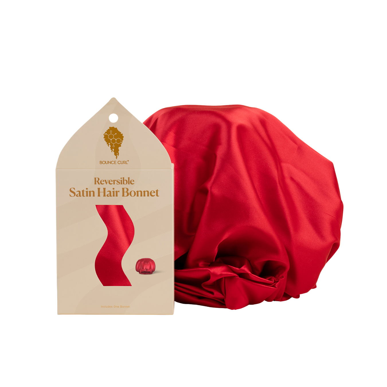 Red satin hair bonnet with packaging on a white background