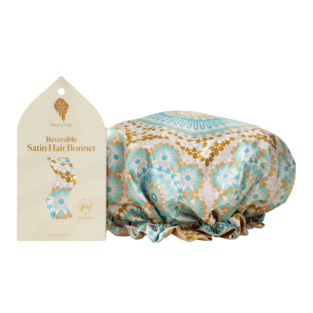 Bounce Curl reversible satin hair bonnet packaging. 