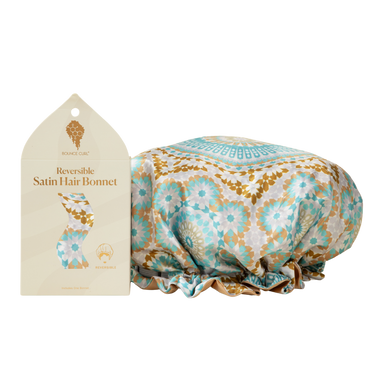 Bounce Curl reversible satin hair bonnet packaging. 