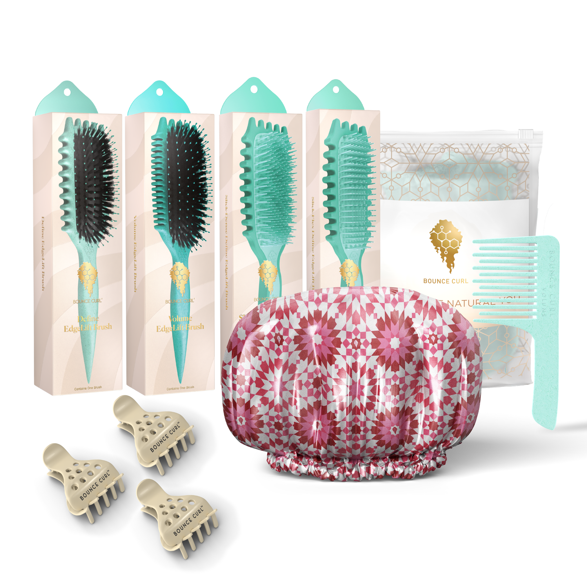Set of hair care products including brushes, a shower cap, and clips on a white background.