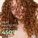 Woman with curly hair with text about heat protection
