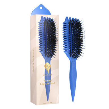 Blue hairbrush with packaging on a white background