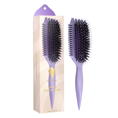 Purple hairbrush with black bristles next to its packaging on a white background