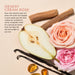 Desert Cream Rose product description with pear, rose, vanilla beans, and amber on a beige background