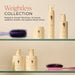 Hair care products and brushes on a glass shelf with 'Weightless Collection' text.