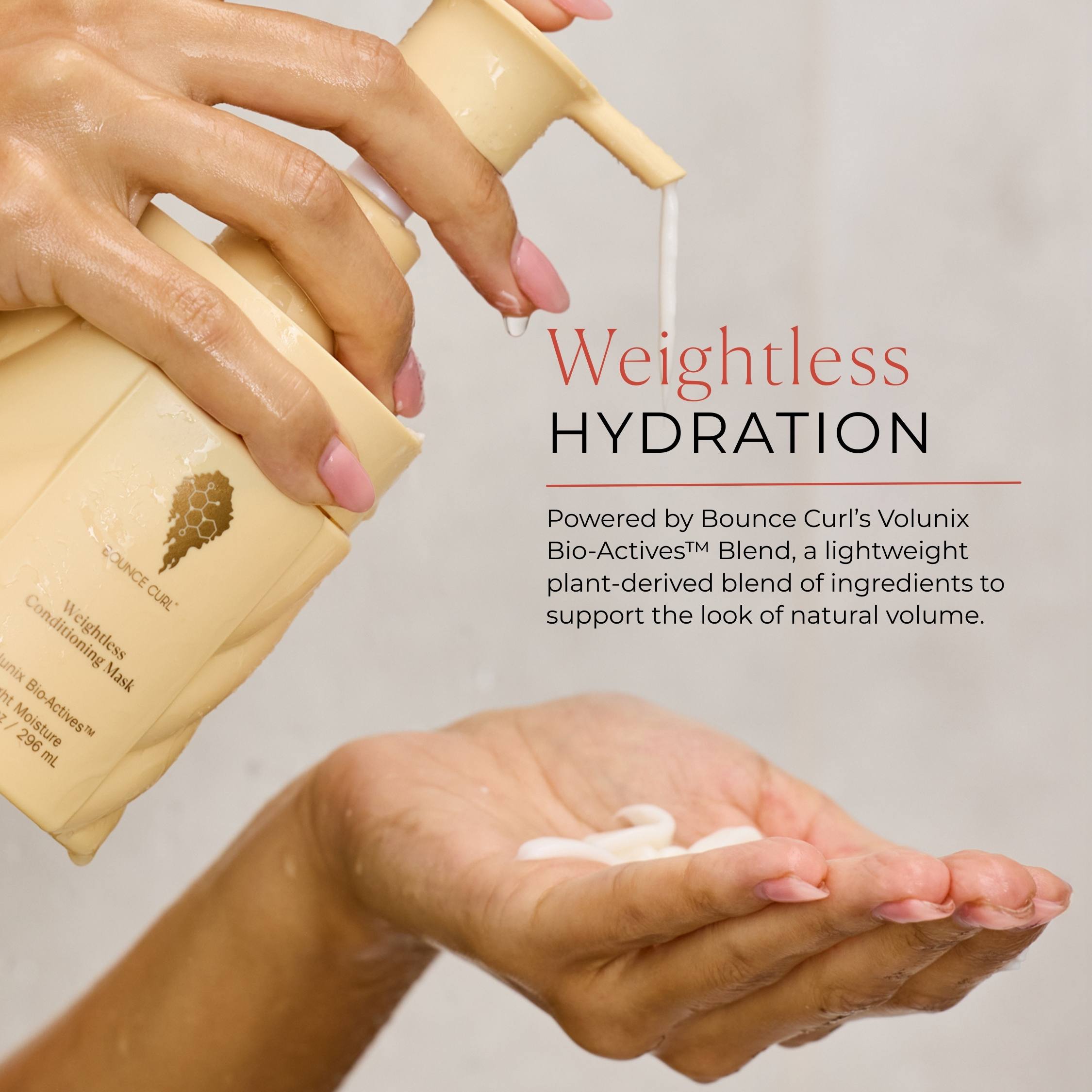 Hand holding a bottle of hair product with text about weightless hydration.