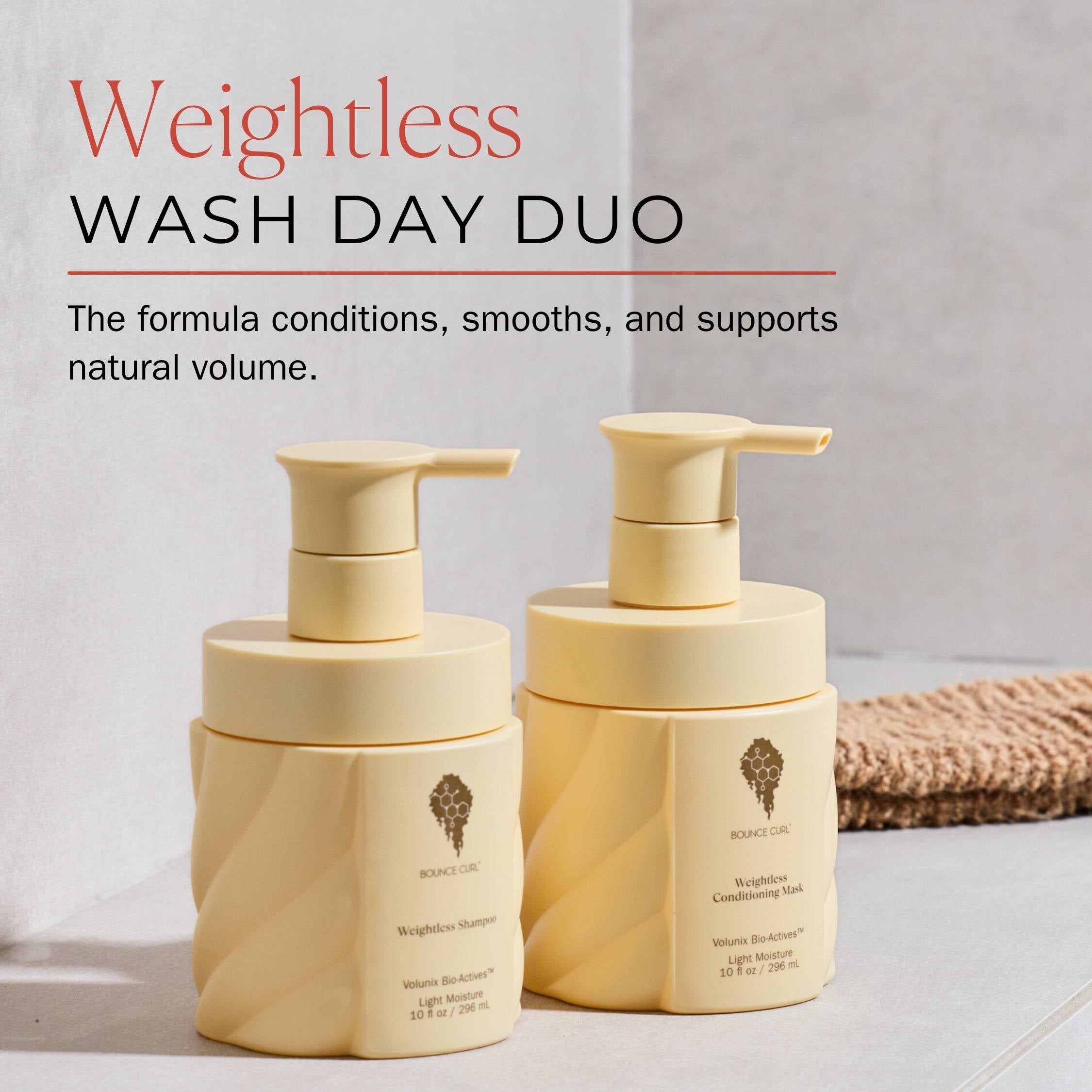 Two beige bottles with pump dispensers labeled 'Weightless Wash Day Duo' on a light background.
