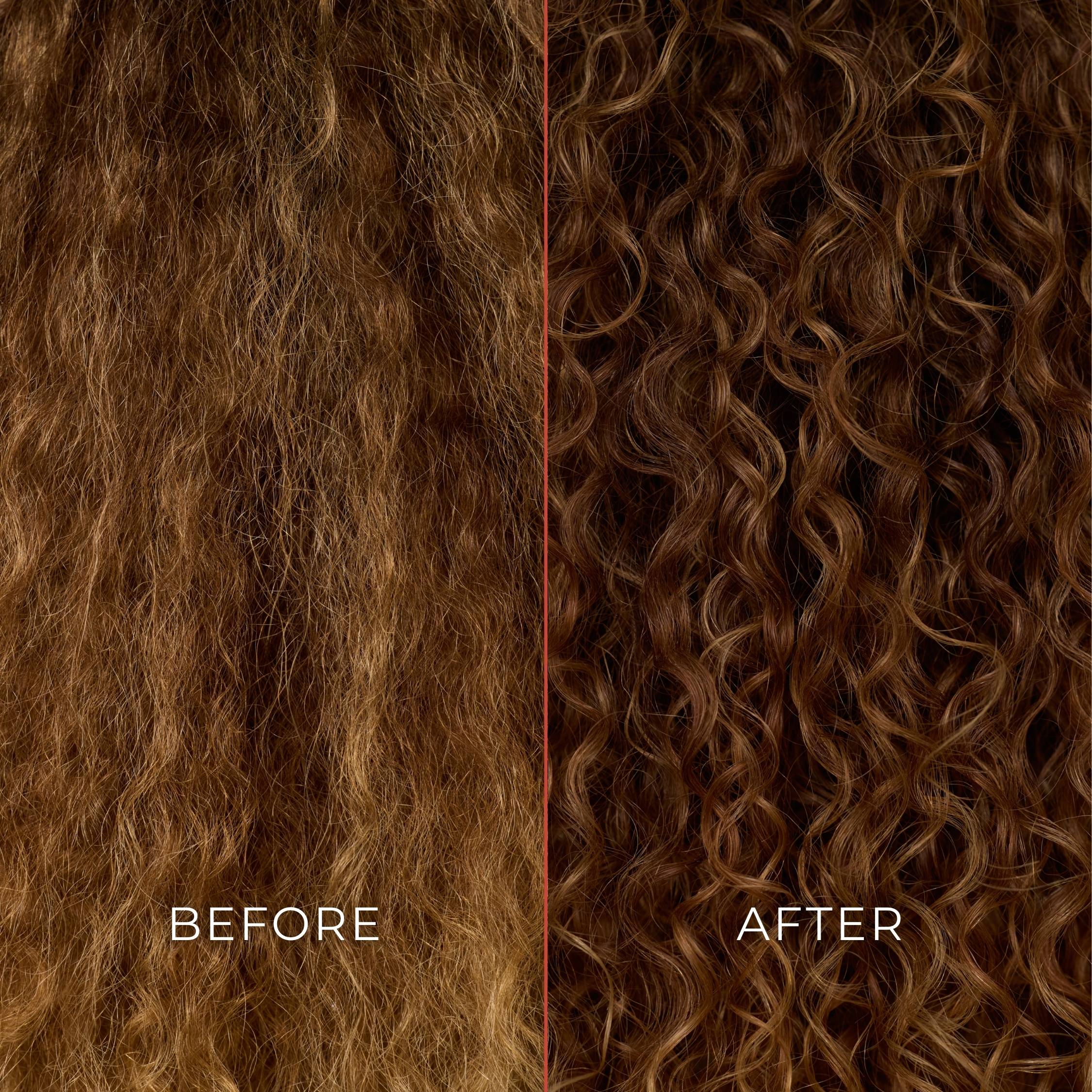Before and after comparison of wavy hair texture.