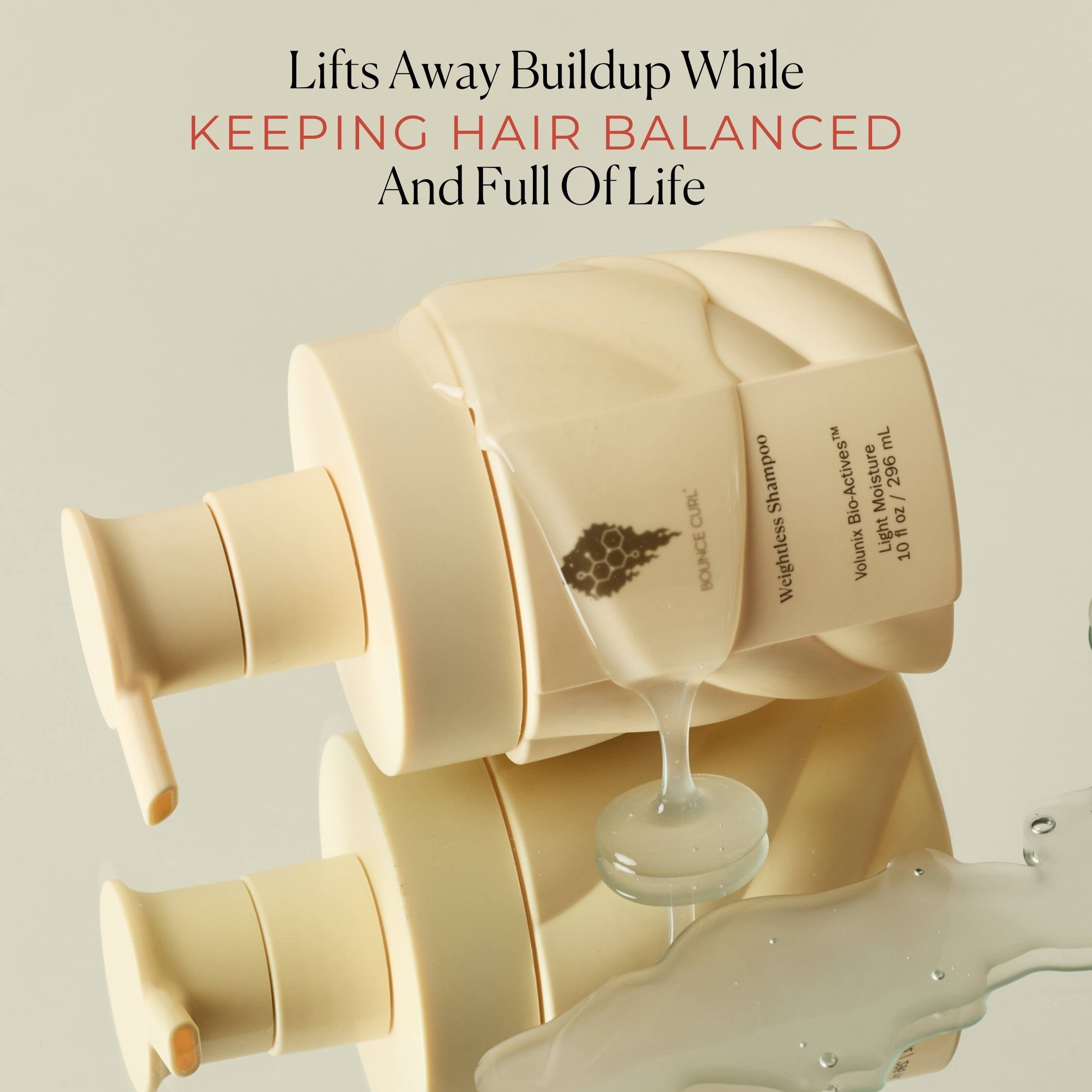 Shampoo bottle with text about hair care on a beige background