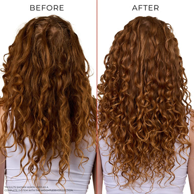 Before and after comparison of curly hair with a person wearing a white top.