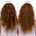 Before and after comparison of curly hair with a person wearing a white top.