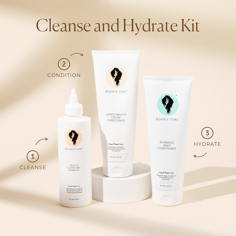 Bounce Curl Cleanse & Hydrate Kit is a 3 step regimen to Cleanse, Condition and Hydrate