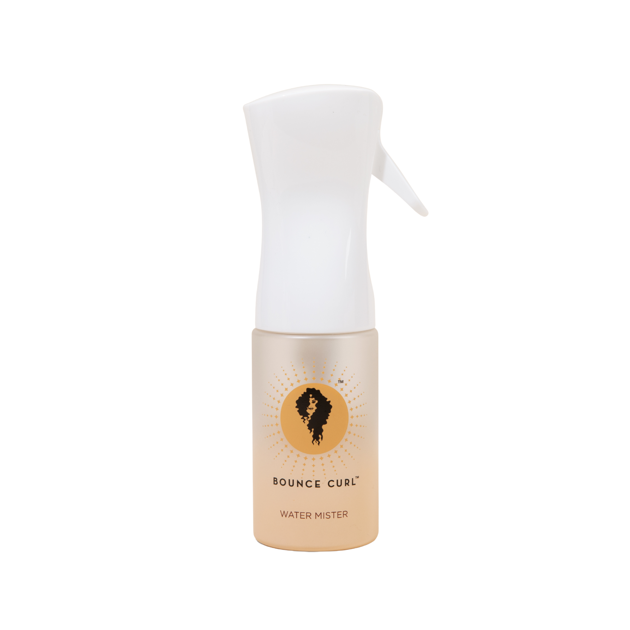 Bounce Curl water mister bottle with white top and beige body on a white background