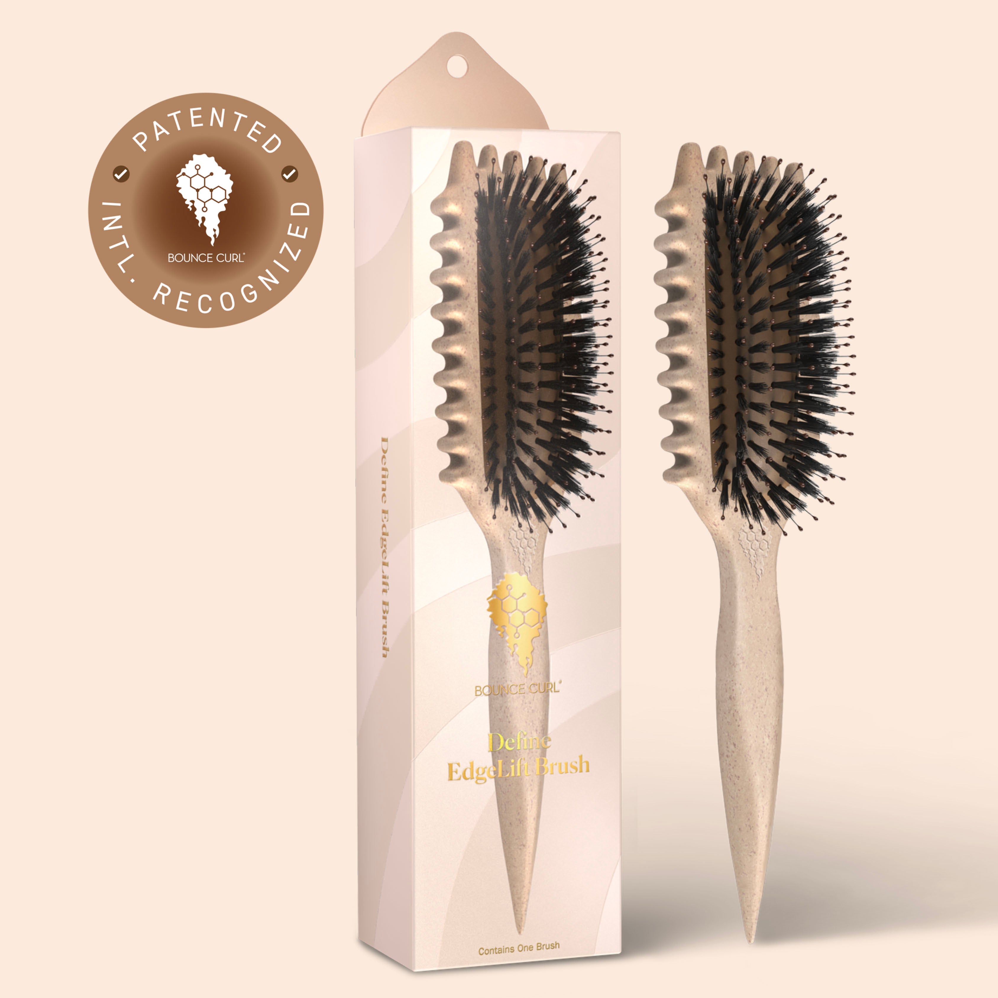 Hairbrush with packaging and 'Patented' label on a beige background